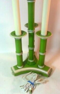Vtg FAUX BAMBOO Tole Lamp w SHADE Green Palm Beach Hollywood Regency Glam