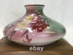 Vtg Glass Oil Lamp Shade Pink Green Floral 10 Fitter Aladdin Coleman Hurricane