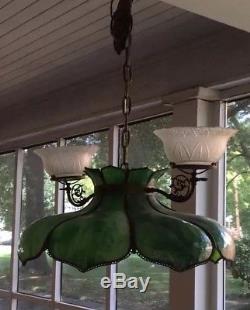 Vtg Green Marbled Bent Slag Glass Hanging Pendant Lamp/ Light 2 Gas Shades