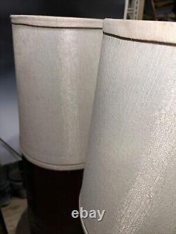 Vtg HANDSOME PAIR MCM Deco Lamp Shade DrumMetallic Atomic Brown Stripe 12x16x14