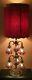 Vtg Hollywood Regency Six Armlight Ooak Brasstable Lamp W Red Velvet Lampshade