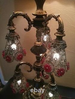 Vtg Hollywood Regency Six ArmLight OOAK BrassTable Lamp w Red Velvet Lampshade