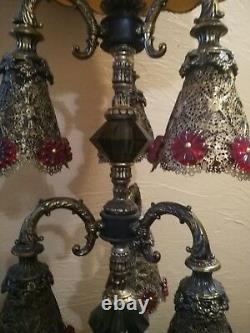 Vtg Hollywood Regency Six ArmLight OOAK BrassTable Lamp w Red Velvet Lampshade