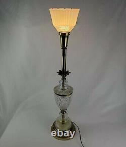 Vtg Hollywood Regency Torchiere Table Lamp Crystal Diffuser Gerard Silk Shade