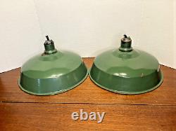 Vtg INDUSTRIAL GREEN ENAMEL Porcelain Lamp Light Pair of 2 SHADES Large 14