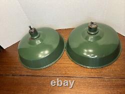 Vtg INDUSTRIAL GREEN ENAMEL Porcelain Lamp Light Pair of 2 SHADES Large 14