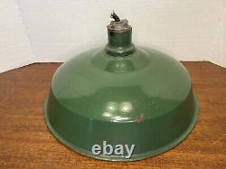 Vtg INDUSTRIAL GREEN ENAMEL Porcelain Lamp Light Pair of 2 SHADES Large 14