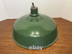 Vtg INDUSTRIAL GREEN ENAMEL Porcelain Lamp Light Pair of 2 SHADES Large 14