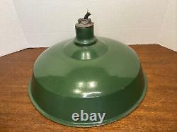 Vtg INDUSTRIAL GREEN ENAMEL Porcelain Lamp Light Pair of 2 SHADES Large 14