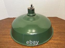 Vtg INDUSTRIAL GREEN ENAMEL Porcelain Lamp Light Pair of 2 SHADES Large 14