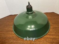 Vtg INDUSTRIAL GREEN ENAMEL Porcelain Lamp Light Pair of 2 SHADES Large 14