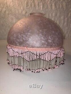 Vtg Large 9.5 Frosted Confetti Glass Lamp Shade Pink White Dome Beaded Fringe