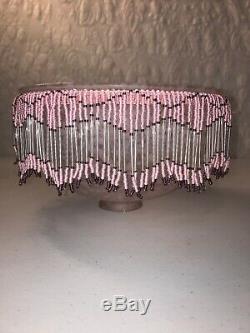 Vtg Large 9.5 Frosted Confetti Glass Lamp Shade Pink White Dome Beaded Fringe