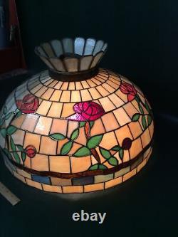 Vtg Leaded Stained Glass Floral Hanging Lamp Shade Tiffany Style 22.5