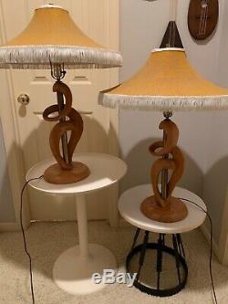 Vtg Lighthouse Lamp Co. Heifetz Pair Scuptural Table Lamps Mid Century + Shades