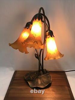 Vtg Lily Pad Tulip Lamp Table Desk Amber Orange Tiffany Style 3 Glass Shades