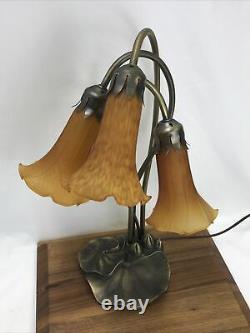Vtg Lily Pad Tulip Lamp Table Desk Amber Orange Tiffany Style 3 Glass Shades