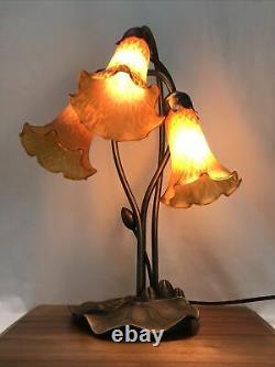 Vtg Lily Pad Tulip Lamp Table Desk Amber Orange Tiffany Style 3 Glass Shades