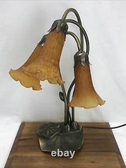 Vtg Lily Pad Tulip Lamp Table Desk Amber Orange Tiffany Style 3 Glass Shades