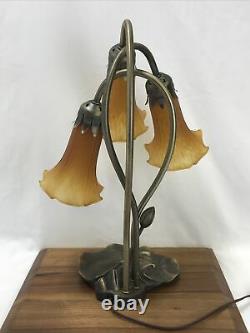 Vtg Lily Pad Tulip Lamp Table Desk Amber Orange Tiffany Style 3 Glass Shades