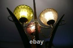 Vtg MCM 3 light Tension Pole Lamp Thumb Print Glass Shades Curved Teak Slats