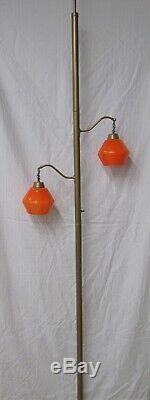 Vtg MCM Atomic Tension Pole Light Floor Lamp 2 Bulb Hanging Orange Glass Shades
