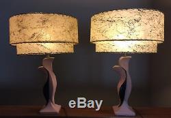 Vtg MCM Chalkware Pair Of Table Lamps With 2 Tier Fiberglass Shades