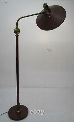 Vtg MCM Floor Lamp Adjustable Light Fixture Brass Red Eyelet Saucer Hat Shade