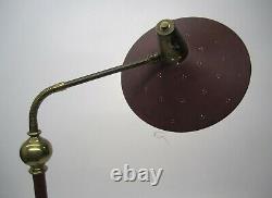 Vtg MCM Floor Lamp Adjustable Light Fixture Brass Red Eyelet Saucer Hat Shade