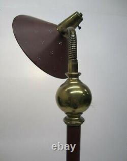 Vtg MCM Floor Lamp Adjustable Light Fixture Brass Red Eyelet Saucer Hat Shade