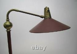 Vtg MCM Floor Lamp Adjustable Light Fixture Brass Red Eyelet Saucer Hat Shade