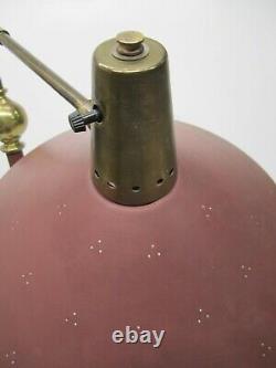 Vtg MCM Floor Lamp Adjustable Light Fixture Brass Red Eyelet Saucer Hat Shade