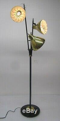 Vtg MCM Lightolier Gerald Thurston Floor Lamp Light Black 3 Brass Shade &Grilles