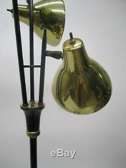 Vtg MCM Lightolier Gerald Thurston Floor Lamp Light Black 3 Brass Shade &Grilles