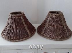 Vtg MCM Maitland Smith Woven Wicker Rattan Braided Boho Coastal Lamp Shades Se