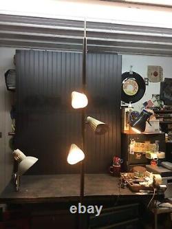 Vtg MCM Metal Tension Pole Lamp with3 Cone Ornate Metal Shades 8ft tall