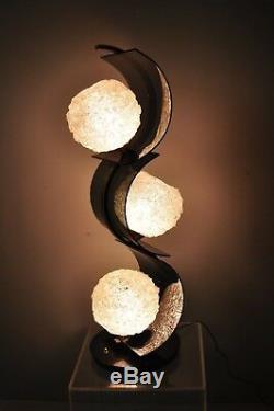 Vtg MCM S Shape Sculptural Brass Table Lamp 3 Spun Spaghetti Fiberglass Shades