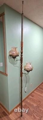 Vtg MID Century Modern Tension Pole Lamp Early American Floral Hurricane Shades