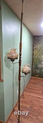 Vtg MID Century Modern Tension Pole Lamp Early American Floral Hurricane Shades