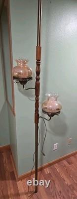 Vtg MID Century Modern Tension Pole Lamp Early American Floral Hurricane Shades