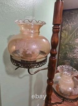 Vtg MID Century Modern Tension Pole Lamp Early American Floral Hurricane Shades