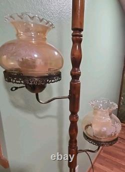 Vtg MID Century Modern Tension Pole Lamp Early American Floral Hurricane Shades