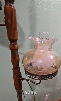 Vtg MID Century Modern Tension Pole Lamp Early American Floral Hurricane Shades