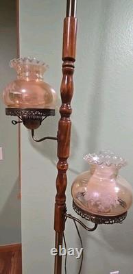 Vtg MID Century Modern Tension Pole Lamp Early American Floral Hurricane Shades