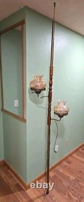 Vtg MID Century Modern Tension Pole Lamp Early American Floral Hurricane Shades