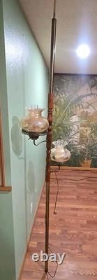 Vtg MID Century Modern Tension Pole Lamp Early American Floral Hurricane Shades