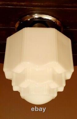 Vtg MINI Art Deco Milk Glass Skyscraper Cake Tiered Ceiling Mount Light Fixture