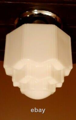 Vtg MINI Art Deco Milk Glass Skyscraper Cake Tiered Ceiling Mount Light Fixture