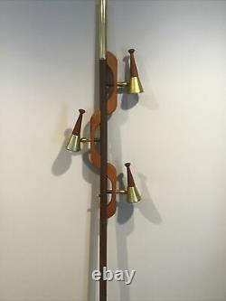 Vtg Mid Century Modern Brass & Wood 3 Light Tension Pole Floor Lamp No Shades