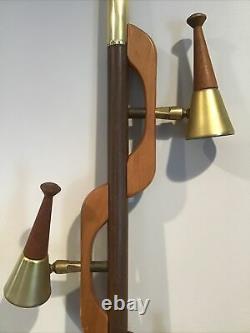 Vtg Mid Century Modern Brass & Wood 3 Light Tension Pole Floor Lamp No Shades